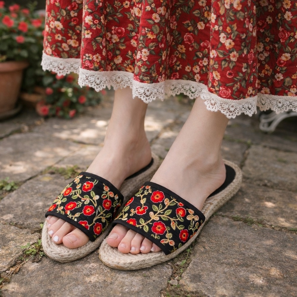 Picon Made In Spain Floral Embroidered Espadrille Slide Sandals Sz7.5